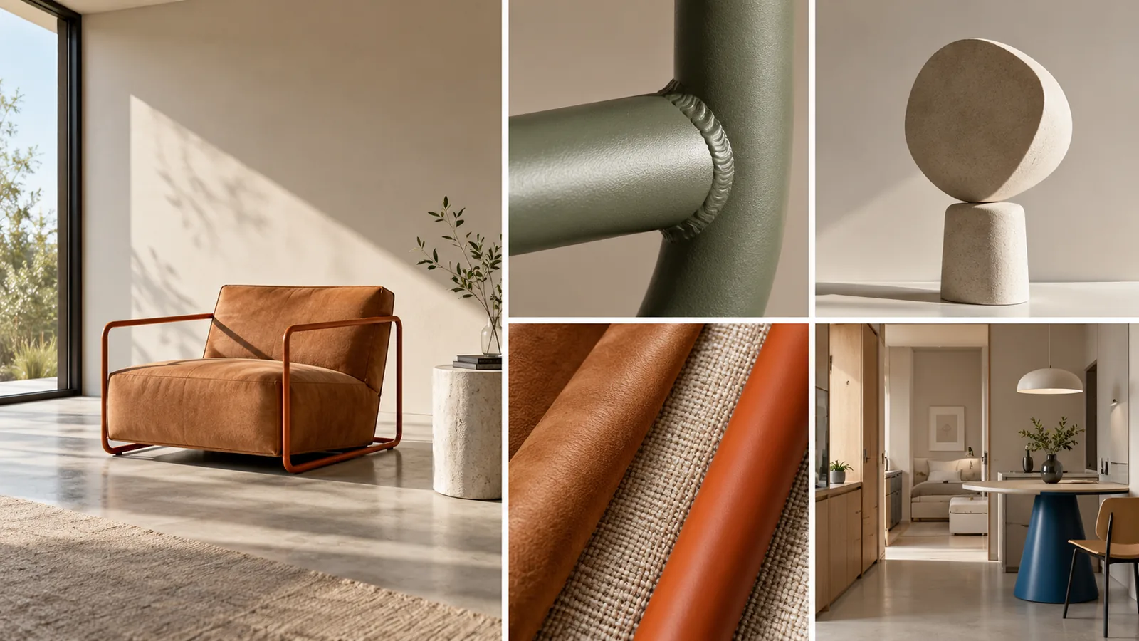 Silla Tensil de Ratio en varilla de acero y textil índigo junto a una ventana.